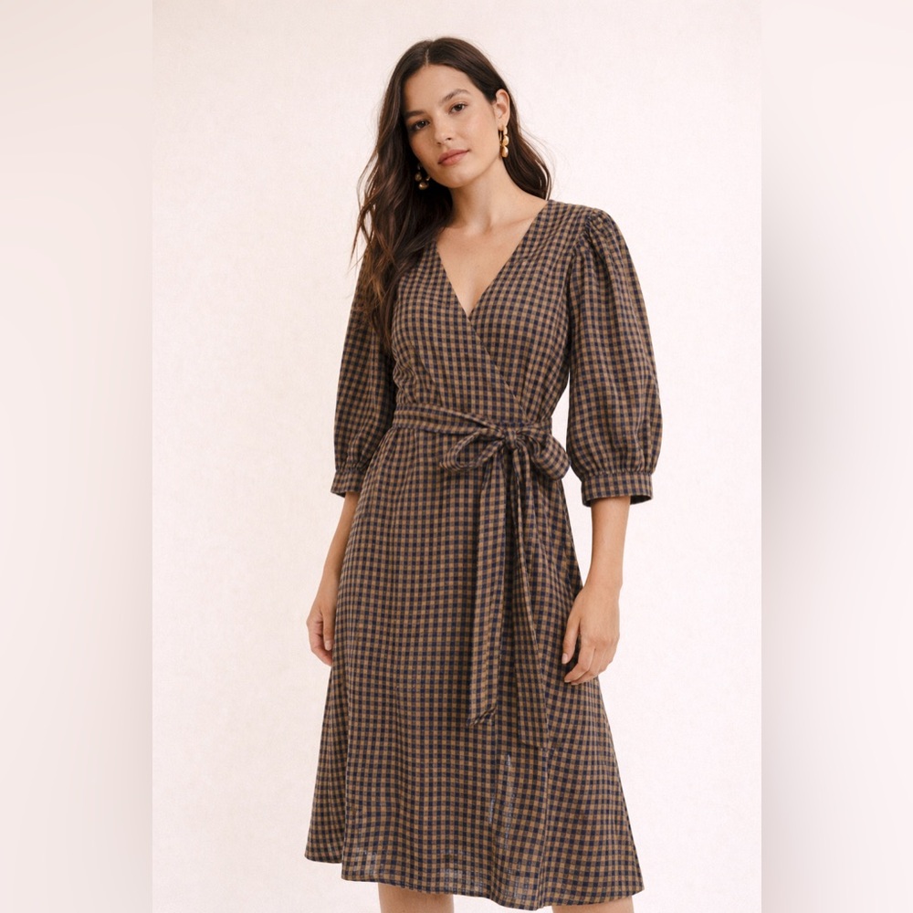 Olive green and navy gingham midi dress